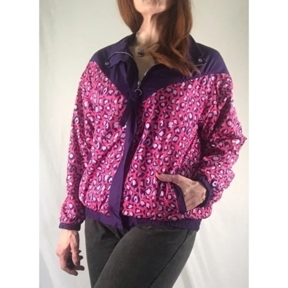 90’e Vintage ‘1 Sunset Lane’ Multicolor Leopard Print Windbreaker Jacket